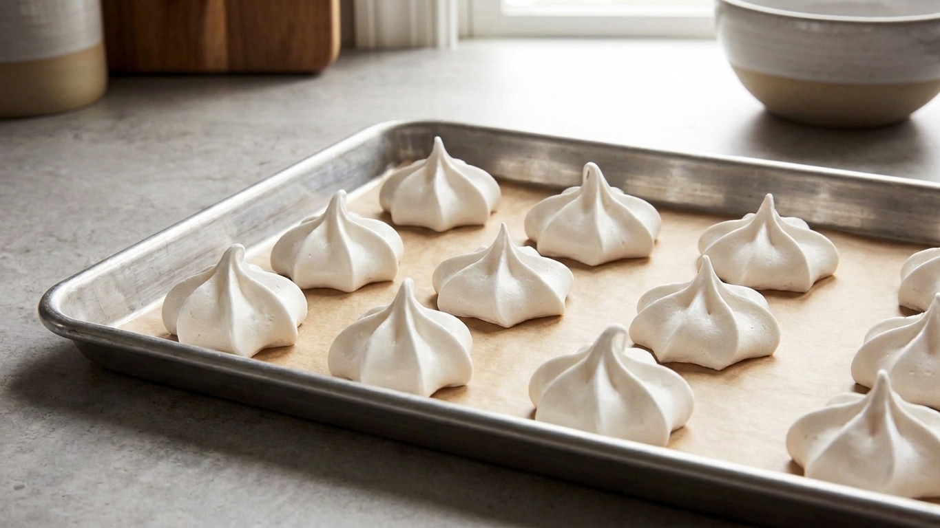 A tray of pale vanilla meringue cookies with defined swirls and bright white peaks cooling on a parchment-lined baking sheet on a warm kitchen counter