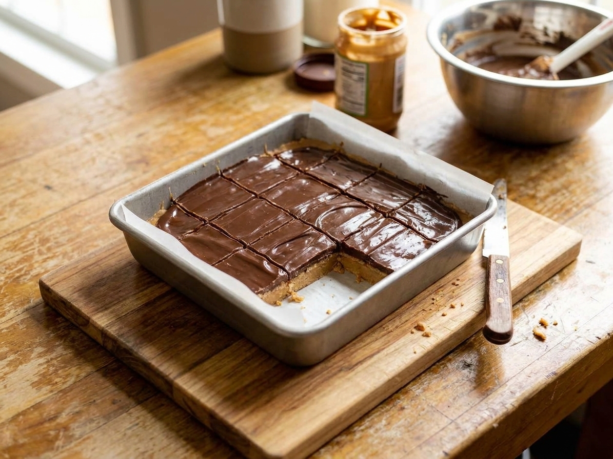 A tray of peanut butter cup bars with a glossy chocolate top and cleanly cut squares on a wooden cutting board on a bright kitchen counter