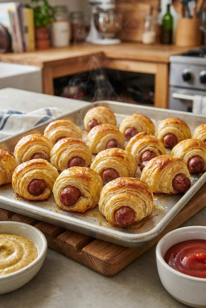 A tray of pigs in a blanket just out of the oven with golden browned tops