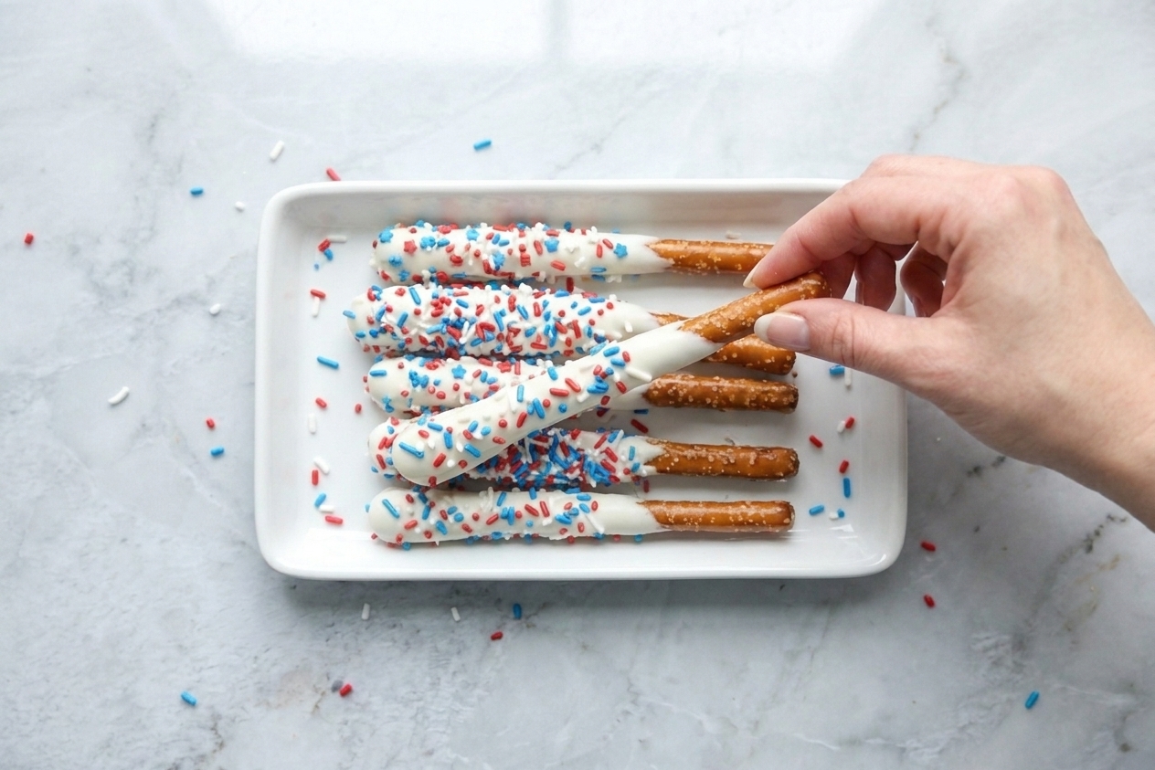 A tray of pretzel rods dipped in white chocolate and covered in red, white, and blue sprinkles on a bright kitchen counter