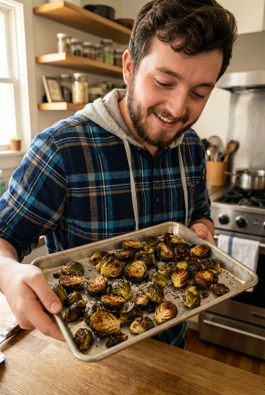 A tray of roasted Brussels sprouts with browned edges and a sprinkle of salt