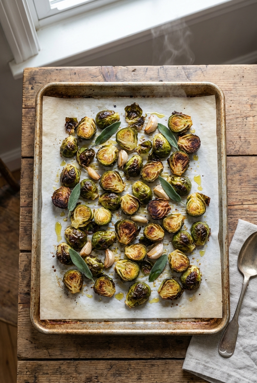 A tray of roasted Brussels sprouts with crispy edges