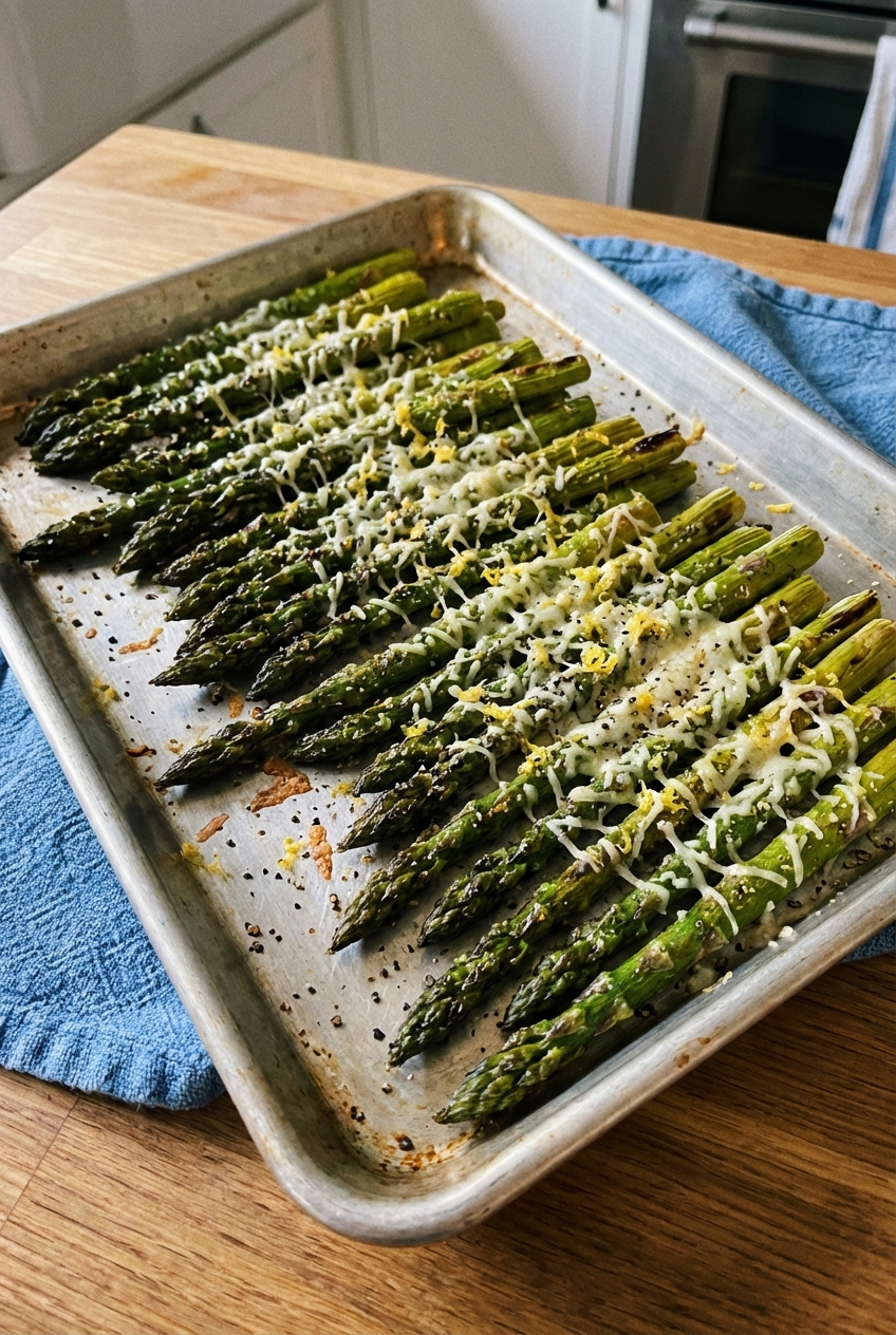 A tray of roasted asparagus with parmesan and black pepper