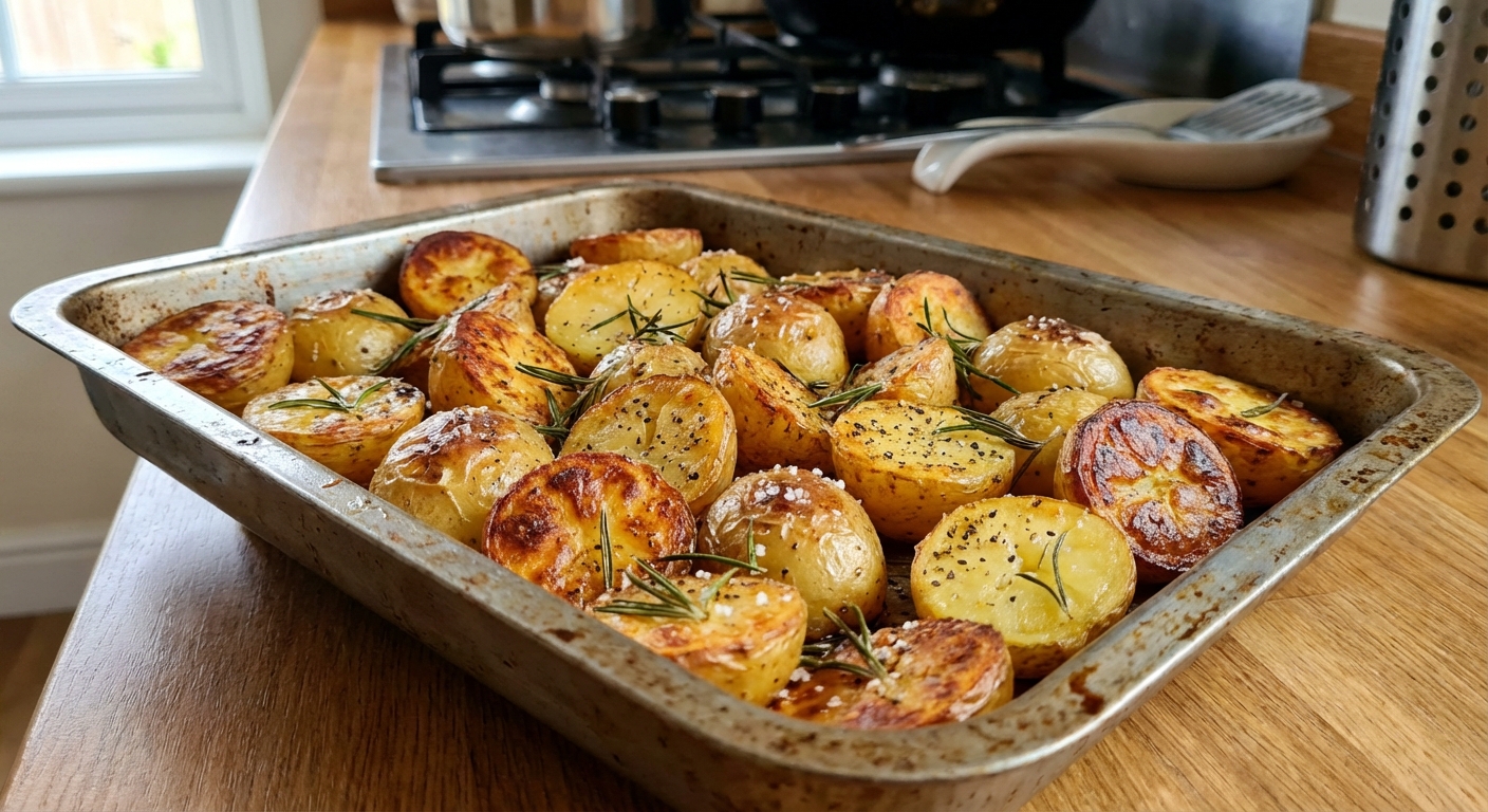 A tray of roasted baby potatoes with crispy edges and rosemary