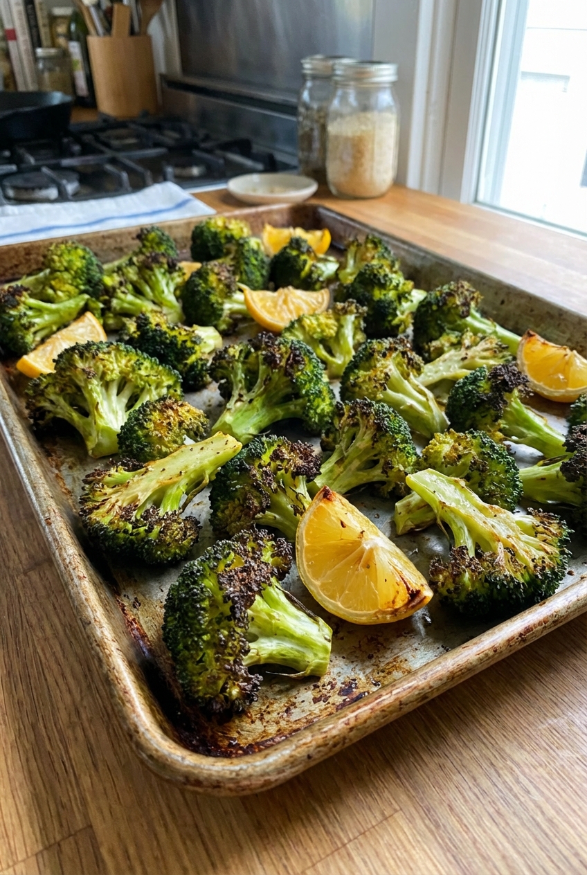 A tray of roasted broccoli with browned edges and lemon wedges