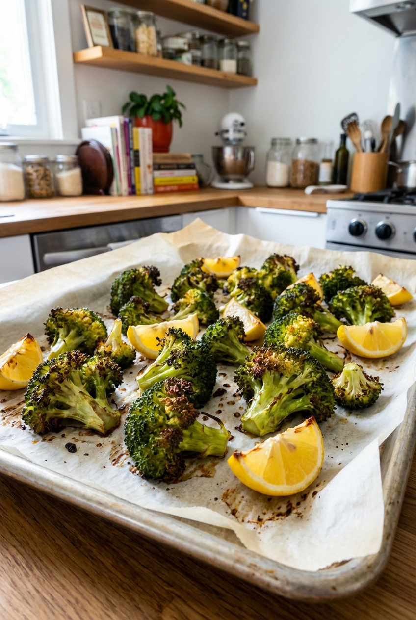 A tray of roasted broccoli with browned edges and lemon wedges on parchment paper