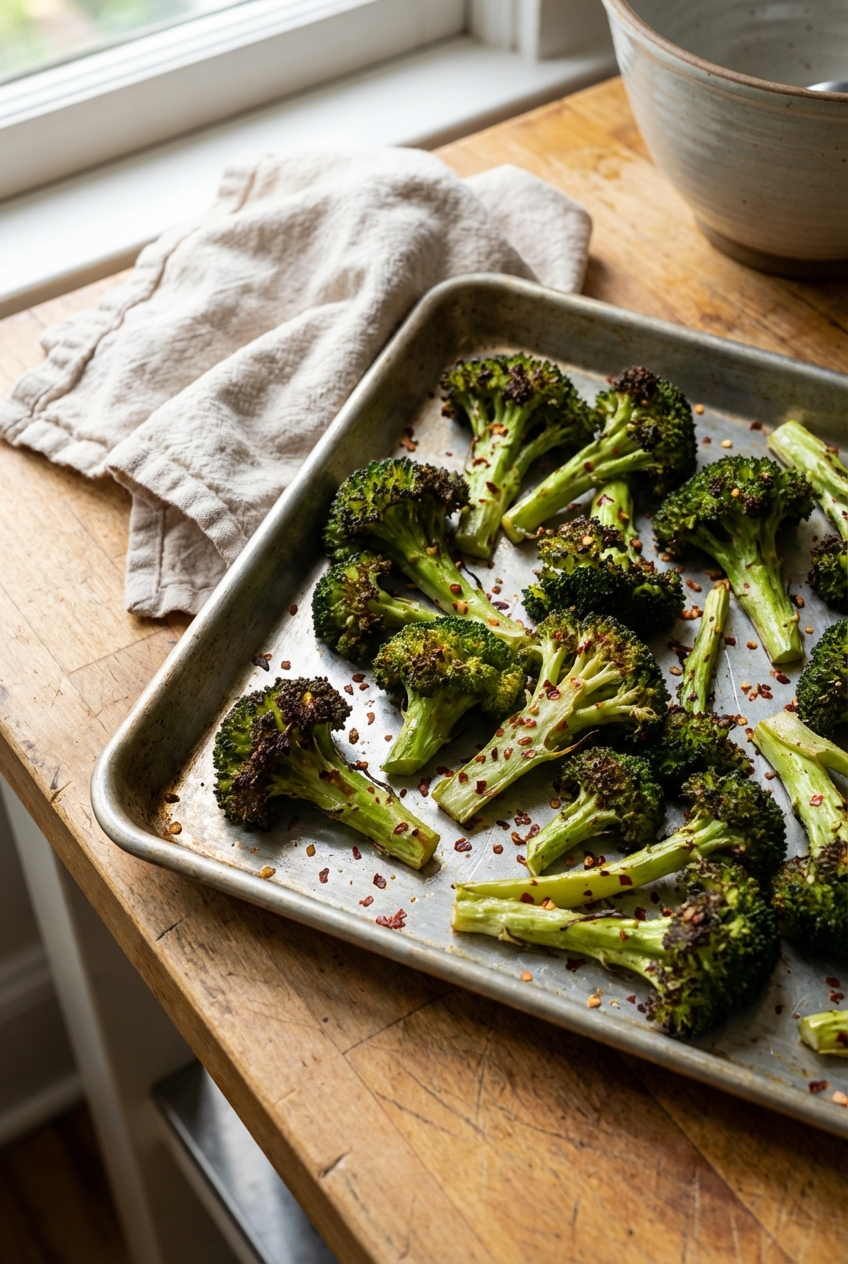 A tray of roasted broccoli with browned edges and red pepper flakes
