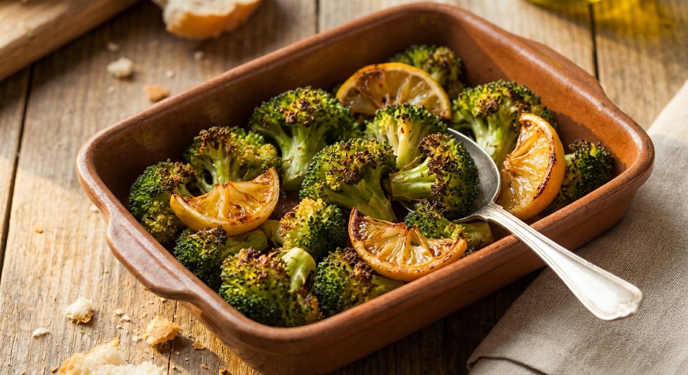 A tray of roasted broccoli with browned edges and lemon wedges
