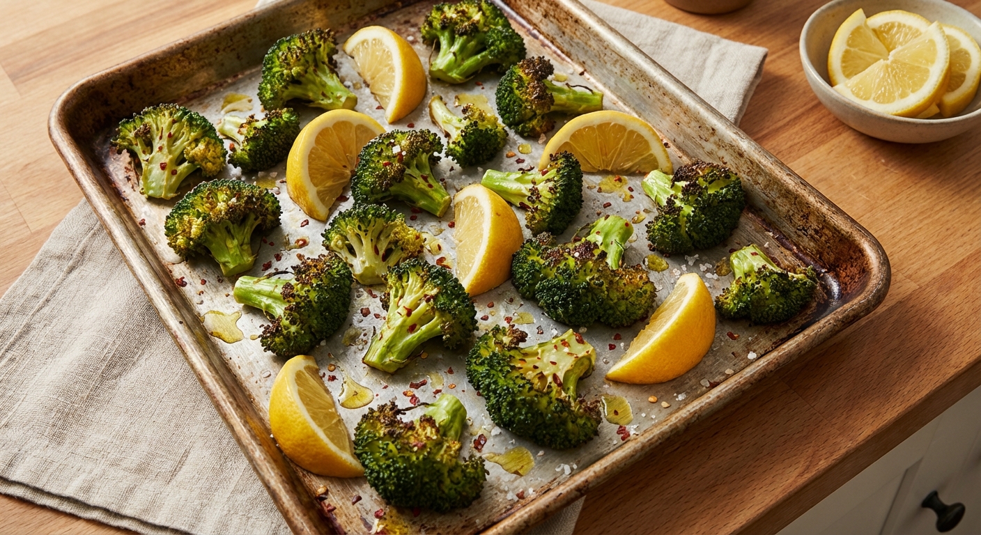 A tray of roasted broccoli with browned edges and lemon wedges