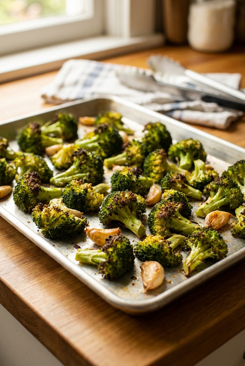 A tray of roasted broccoli with browned edges and garlic