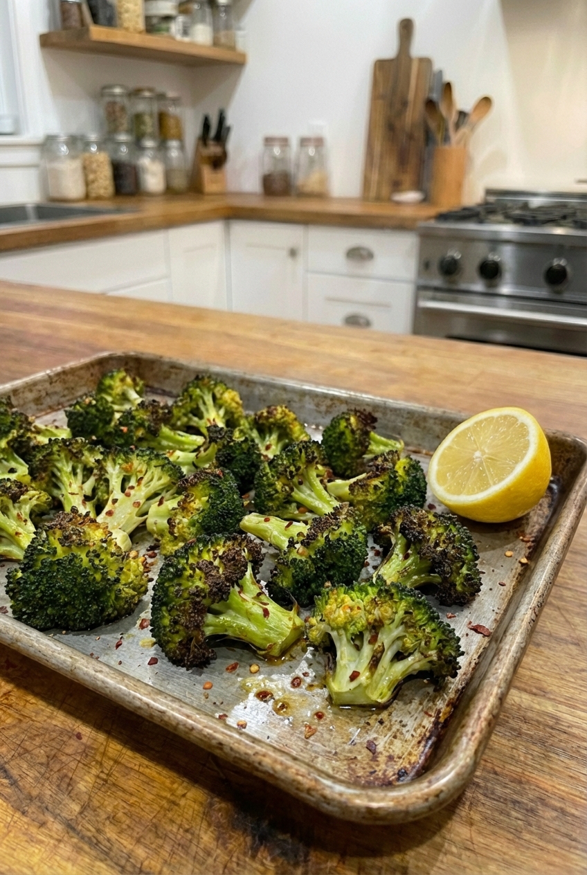 A tray of roasted broccoli with browned edges and a lemon wedge
