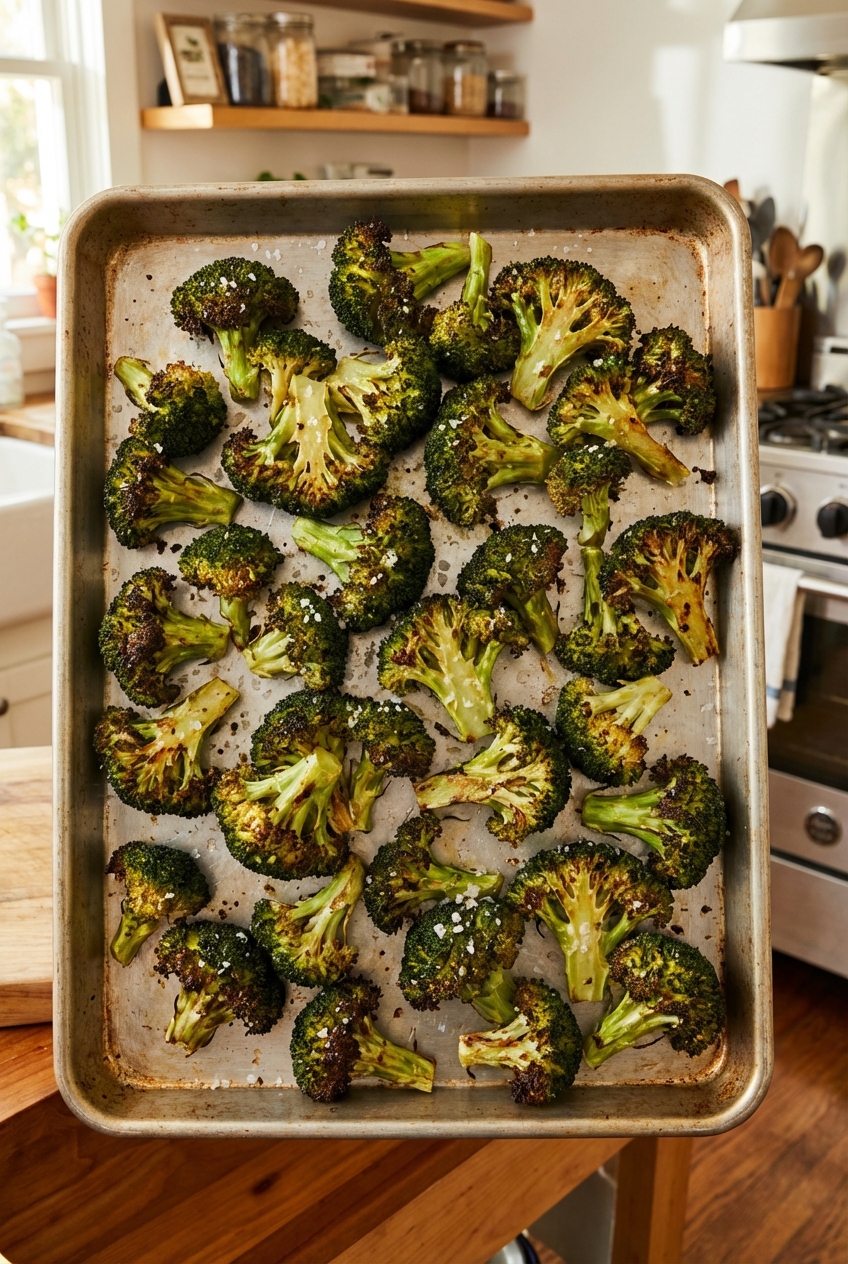 A tray of roasted broccoli with browned edges and scattered sea salt