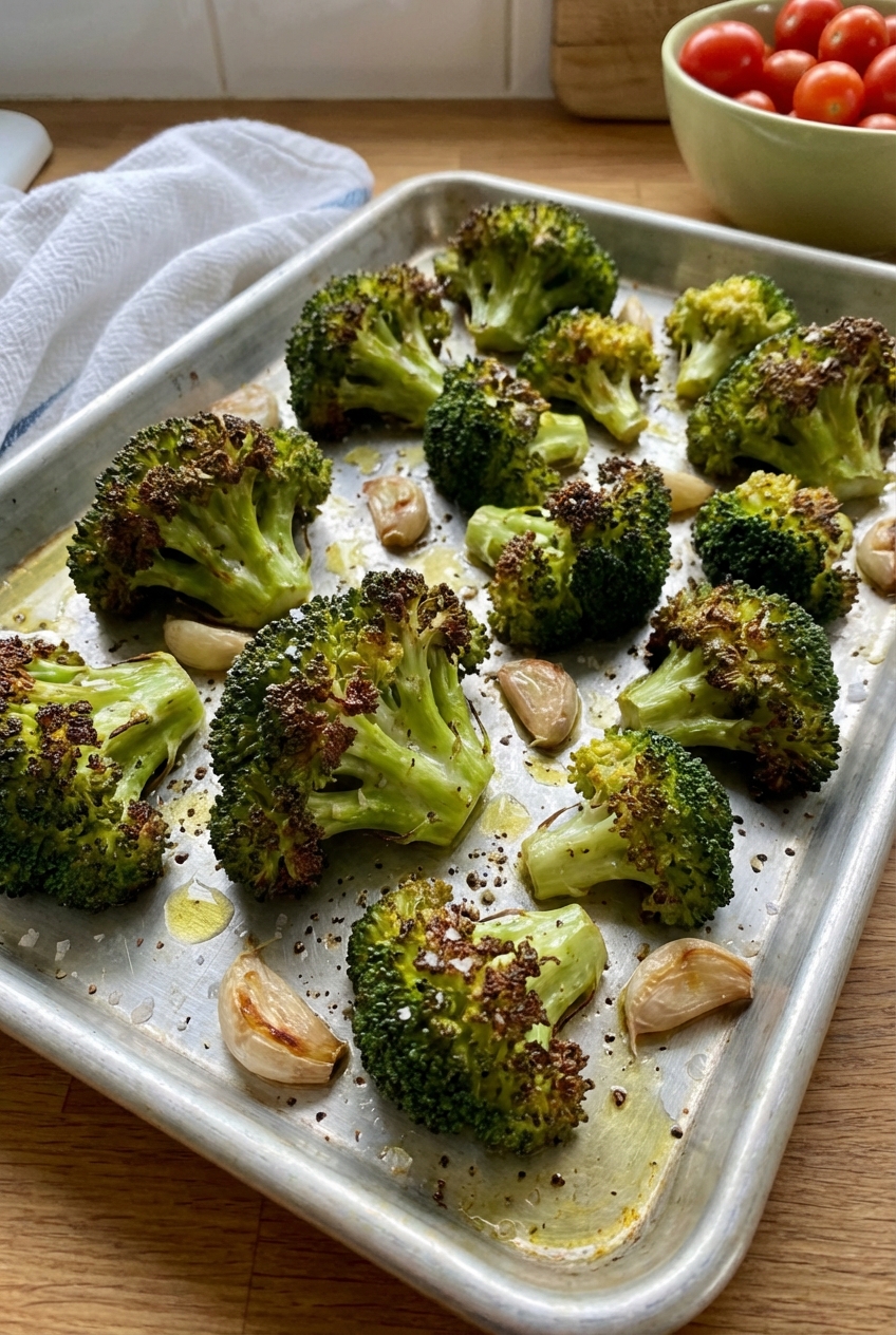 A tray of roasted broccoli with browned edges and garlic