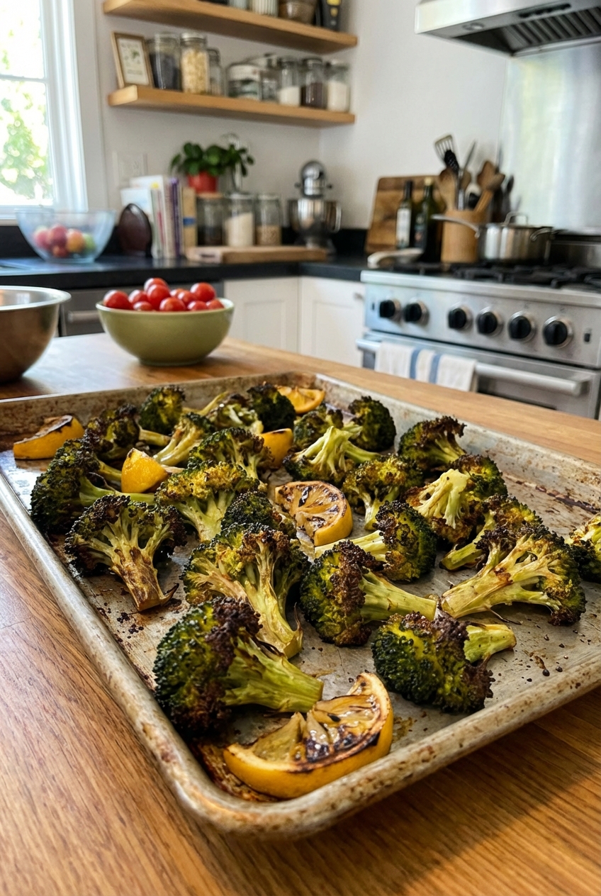 A tray of roasted broccoli with browned edges and lemon wedges
