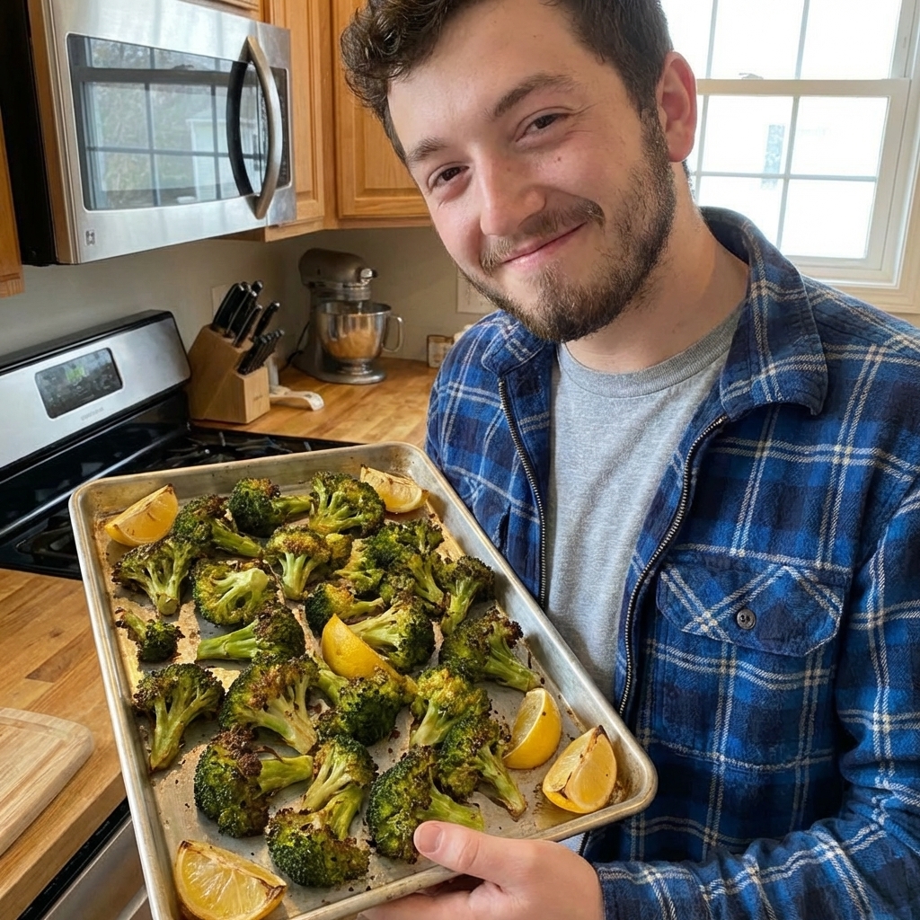 A tray of roasted broccoli with browned edges and lemon wedges