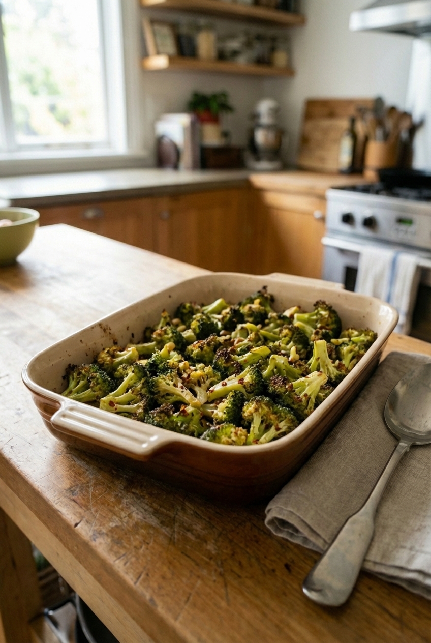 A tray of roasted broccoli with browned edges