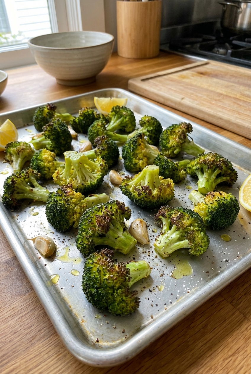 A tray of roasted broccoli with browned edges