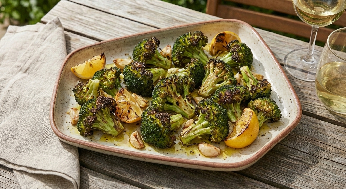 A tray of roasted broccoli with browned edges