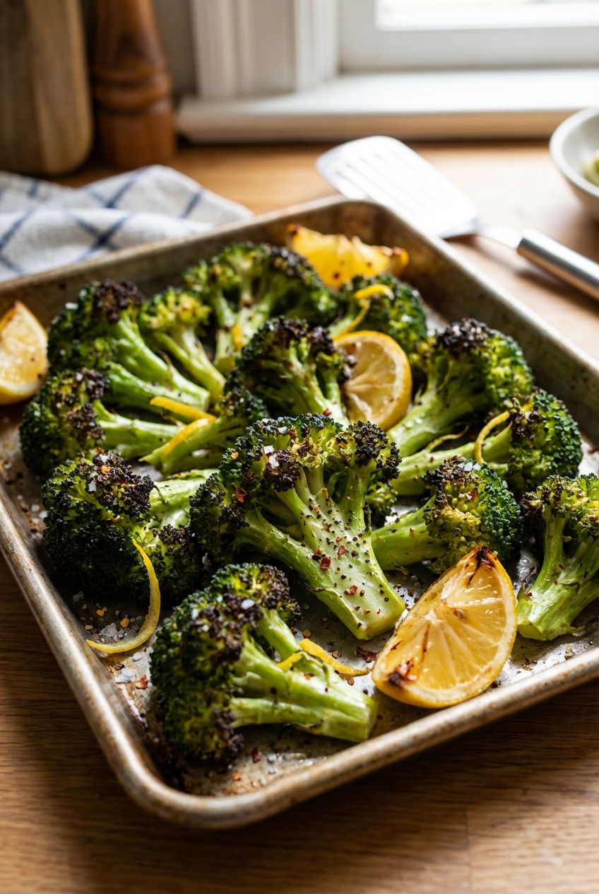 A tray of roasted broccoli with charred edges and lemon