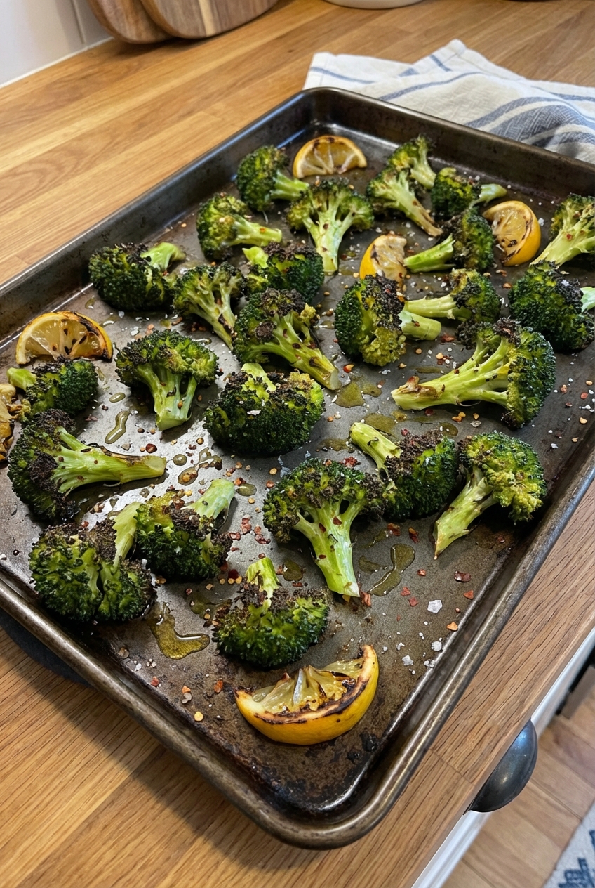 A tray of roasted broccoli with charred edges and lemon wedges