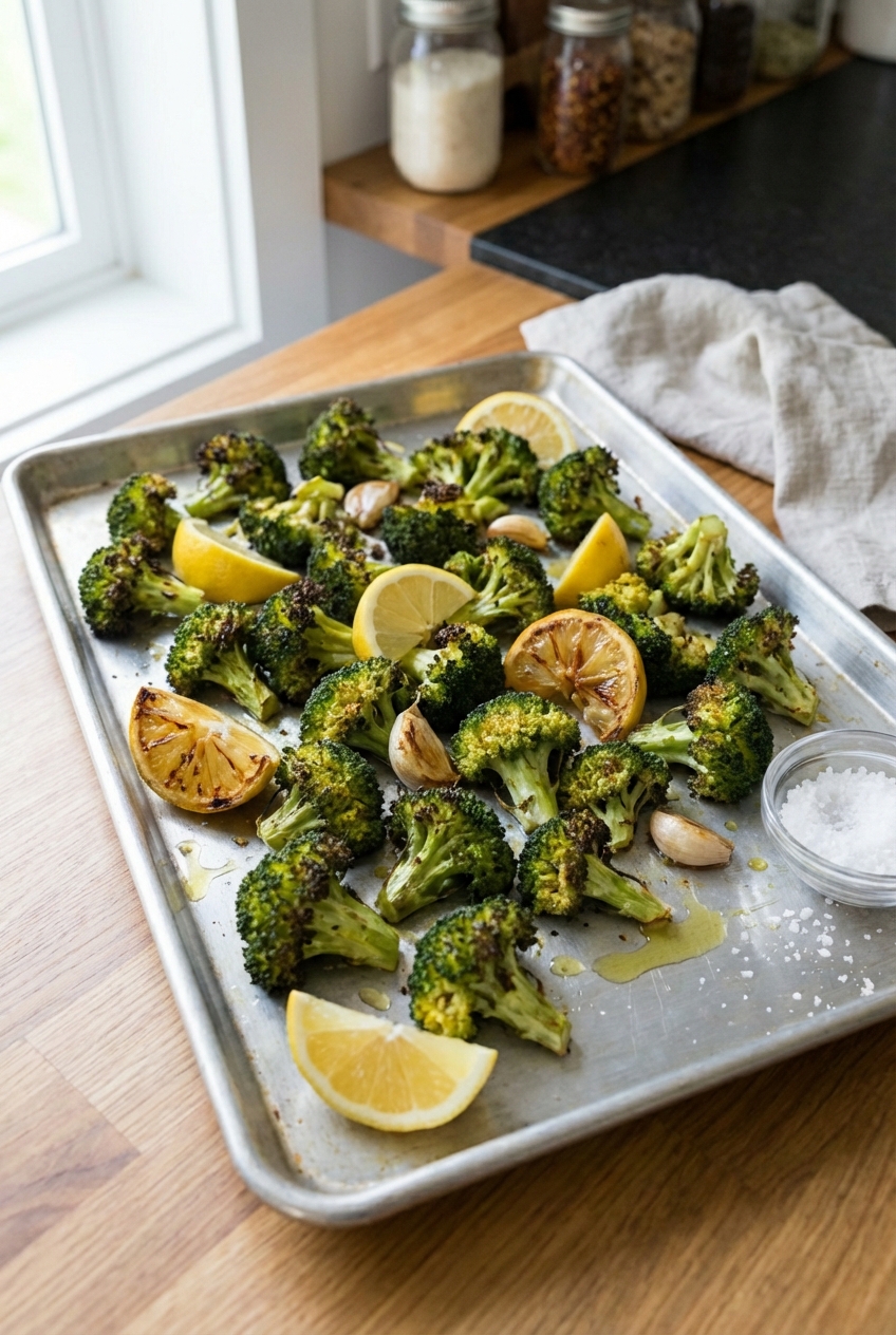 A tray of roasted broccoli with charred edges and lemon wedges