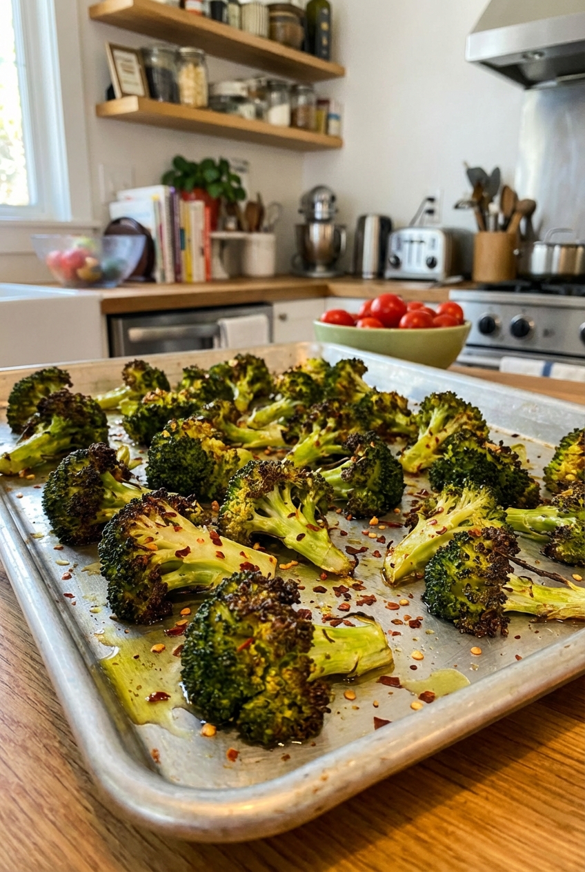 A tray of roasted broccoli with crisp edges and chili flakes