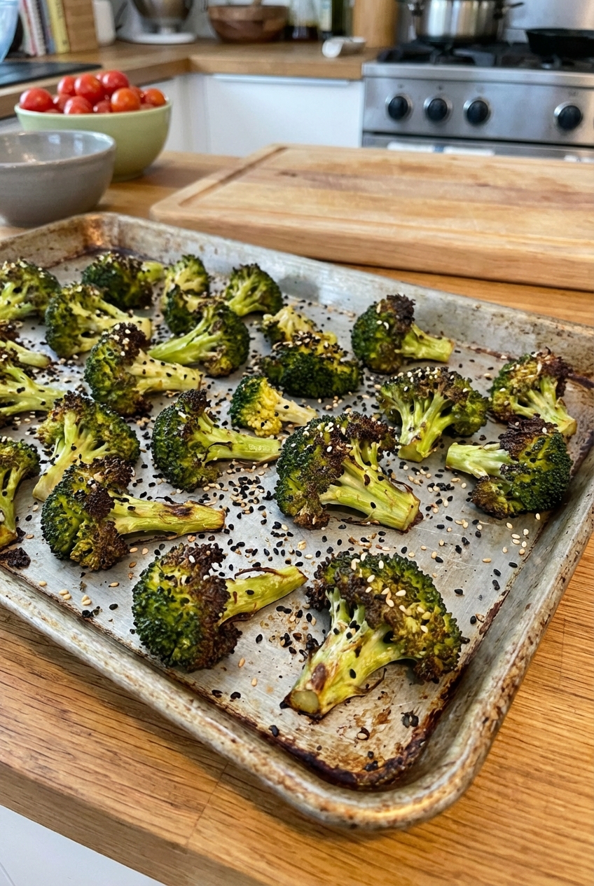 A tray of roasted broccoli with crisp edges and sesame seeds