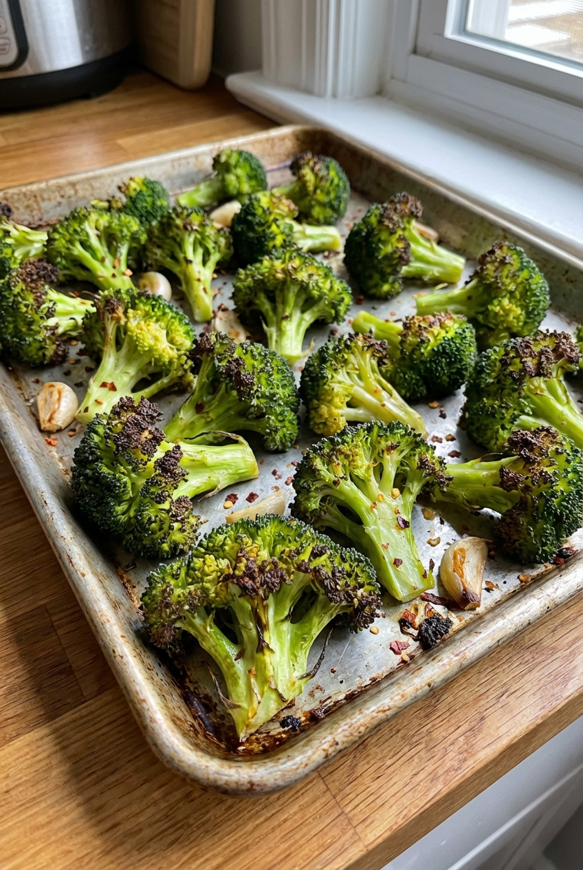 A tray of roasted broccoli with crispy browned edges