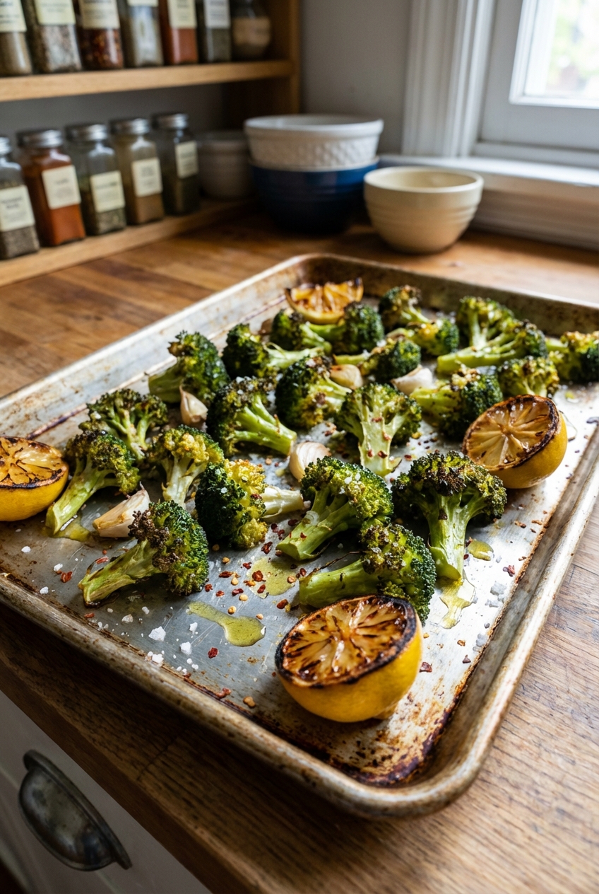 A tray of roasted broccoli with lemon wedges