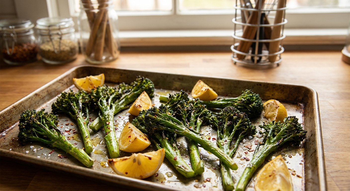 A tray of roasted broccolini with charred tips and lemon wedges