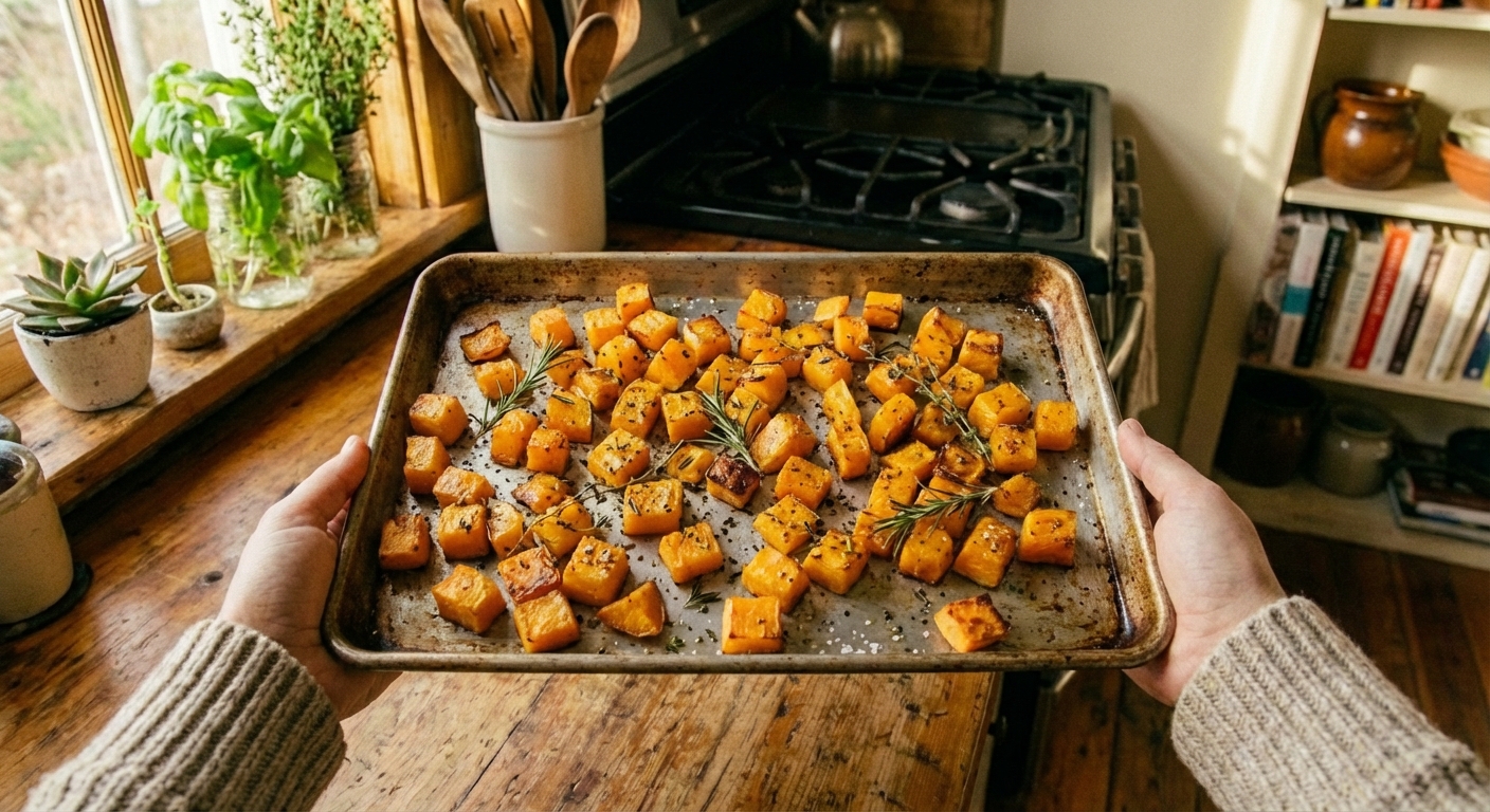 A tray of roasted butternut squash cubes with browned edges and herbs