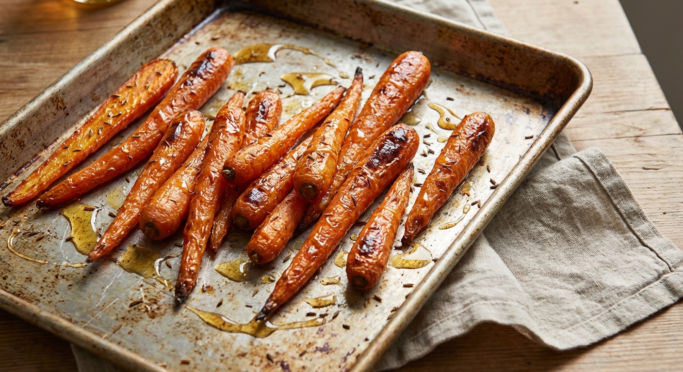 A tray of roasted carrots with cumin and a drizzle of honey