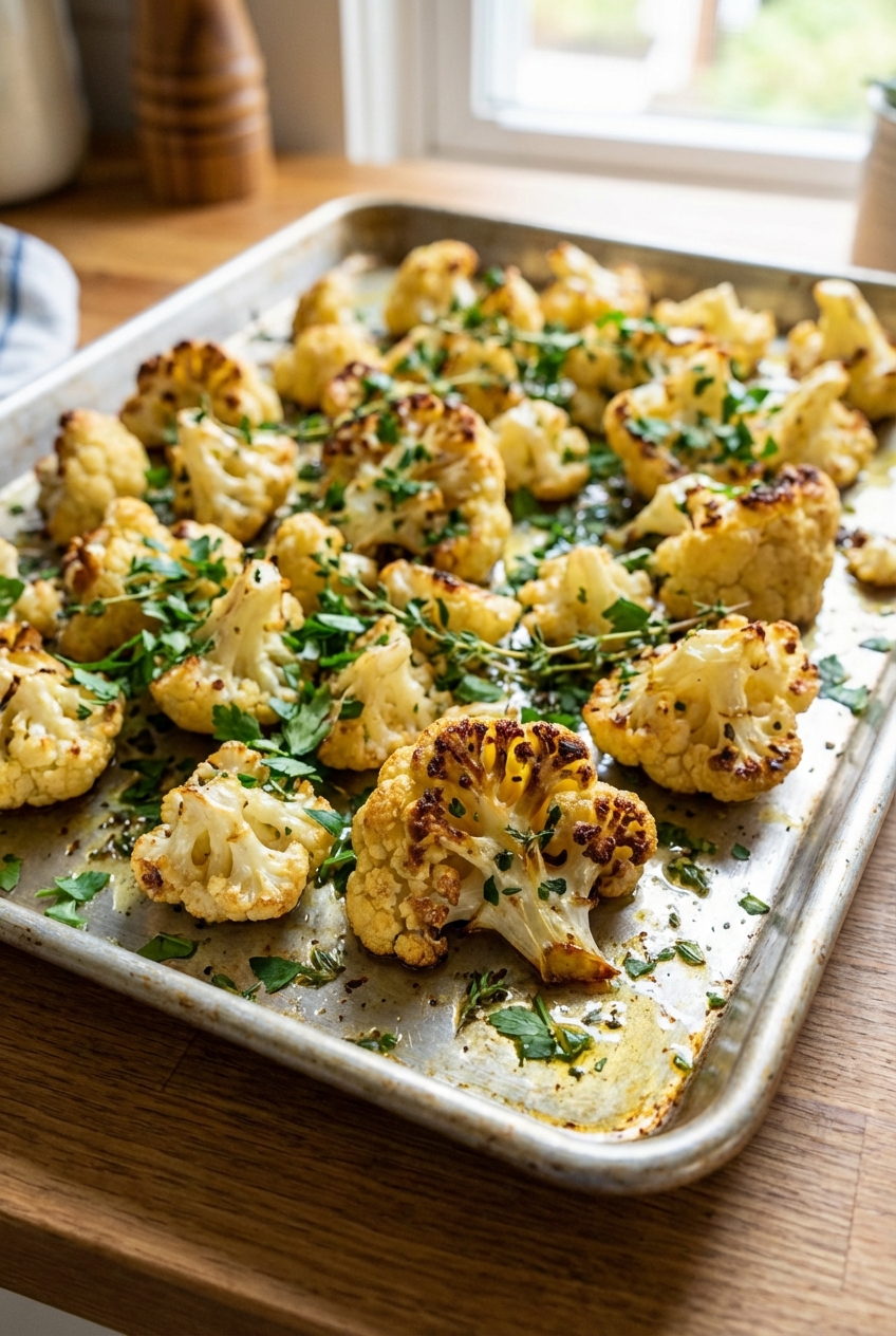 A tray of roasted cauliflower florets with browned edges and scattered herbs