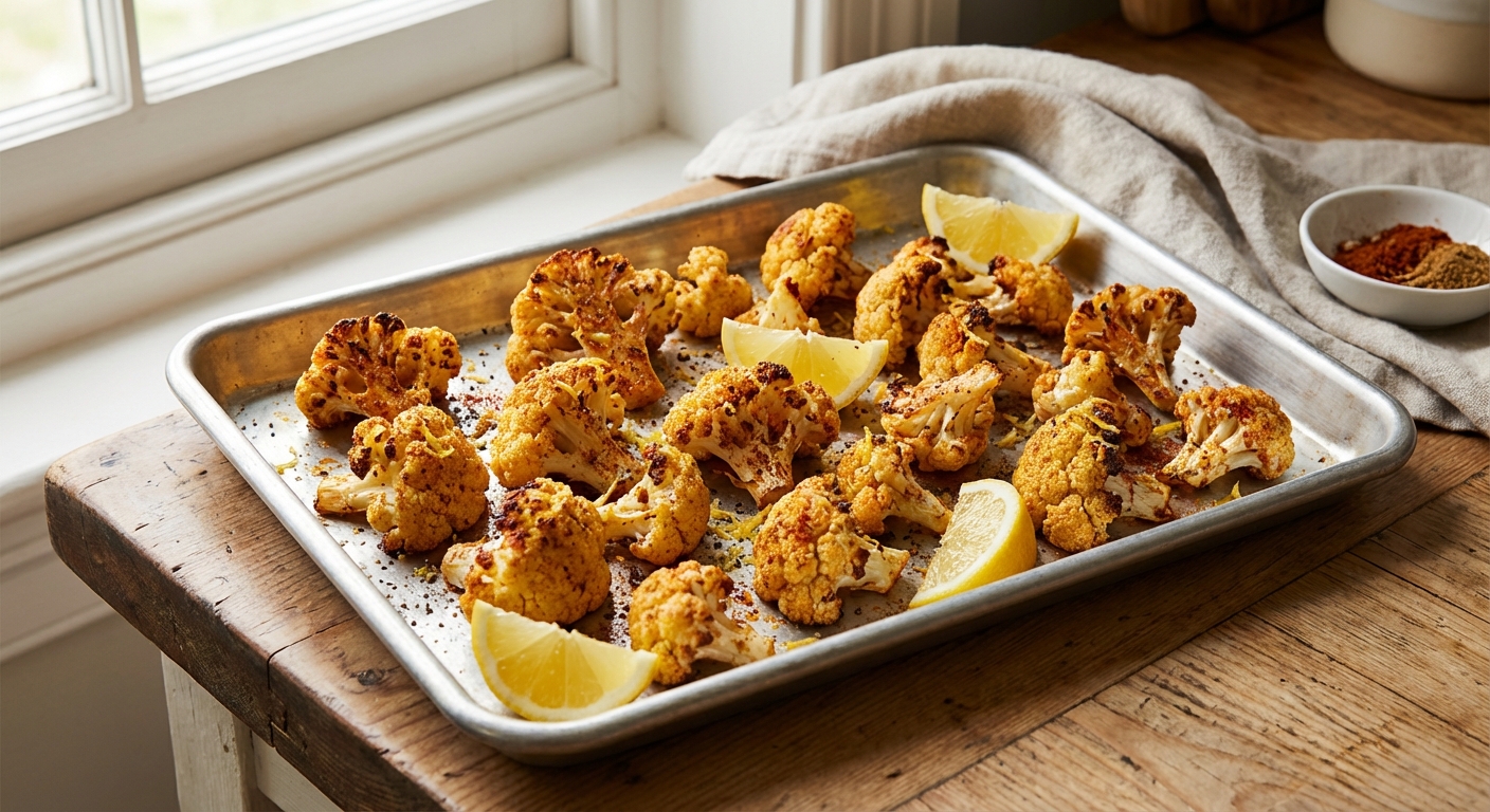 A tray of roasted cauliflower florets with spices and lemon
