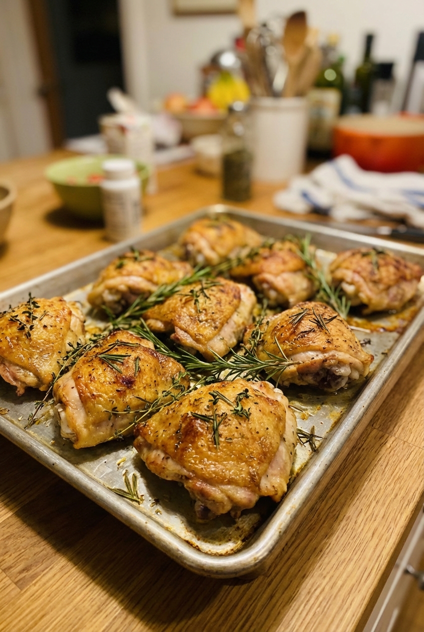 A tray of roasted chicken thighs with crispy skin and herbs