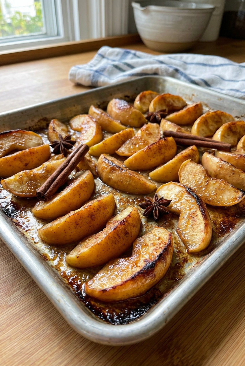 A tray of roasted cinnamon apples with browned edges