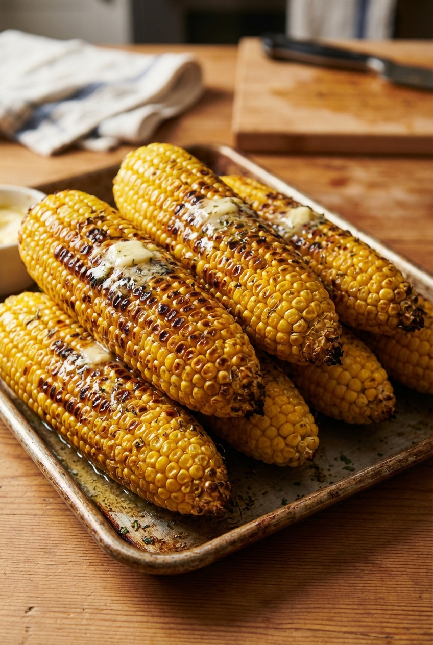 A tray of roasted corn on the cob with browned kernels and butter