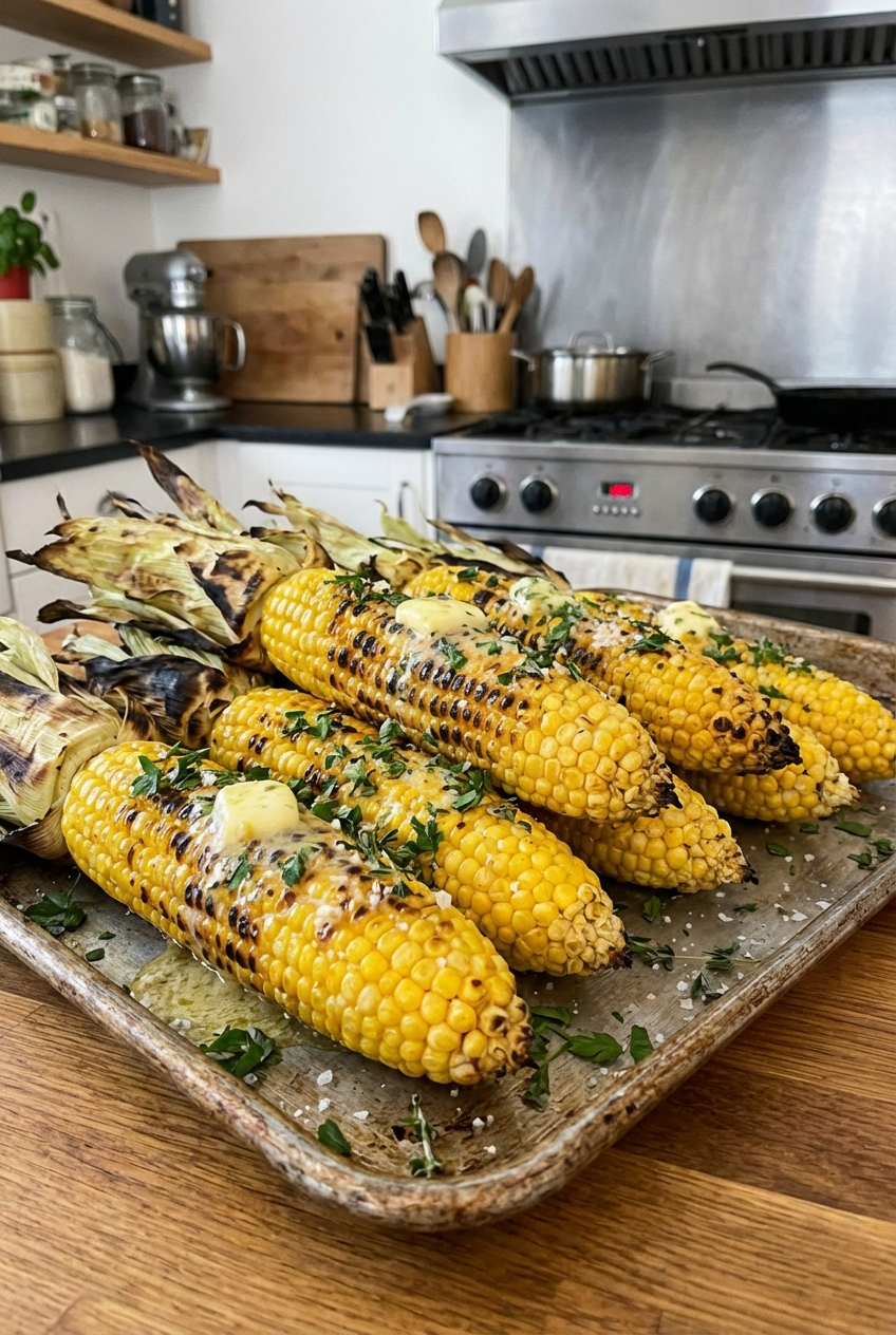 A tray of roasted corn on the cob with butter and herbs