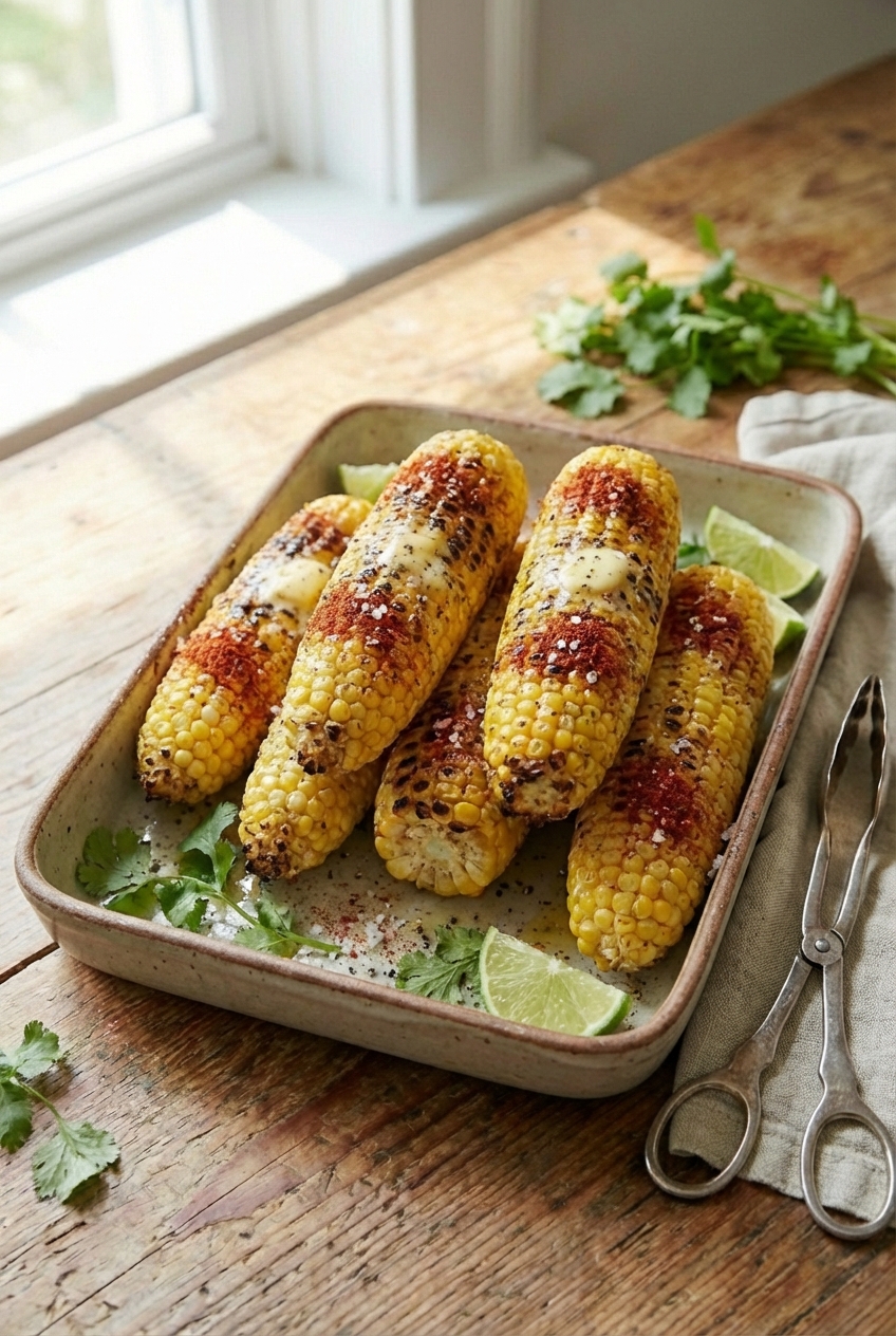 A tray of roasted corn on the cob with butter and a dusting of chili powder