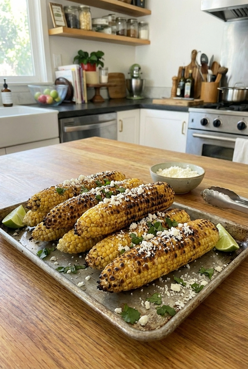 A tray of roasted corn with charred kernels and a sprinkle of cotija