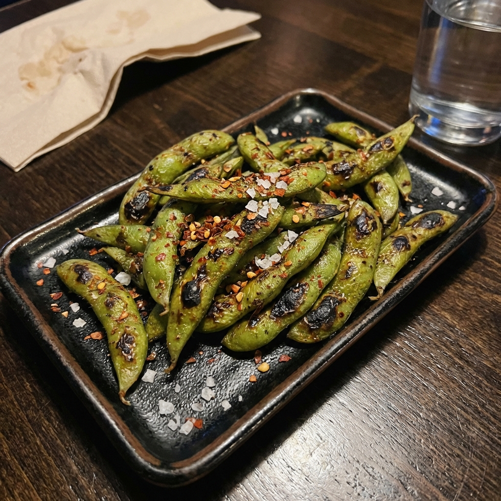 A tray of roasted edamame with chili flakes and flaky salt