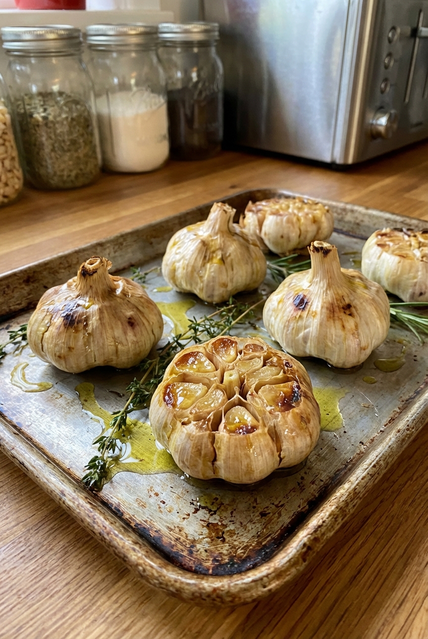 A tray of roasted garlic bulbs with golden cloves and a drizzle of olive oil