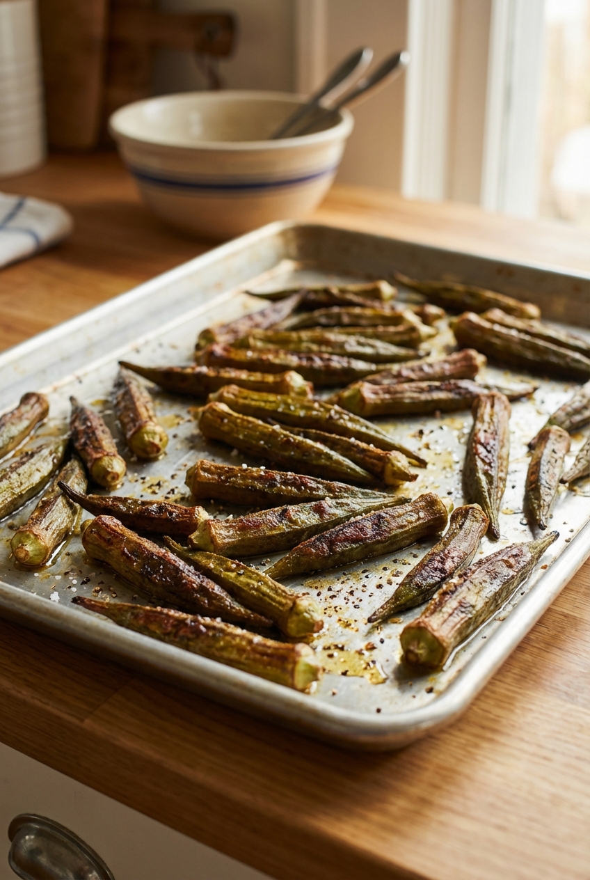 A tray of roasted okra with browned edges