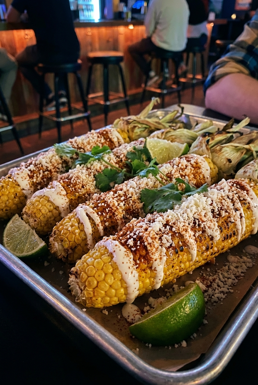 A tray of roasted street corn topped with cotija and chili powder