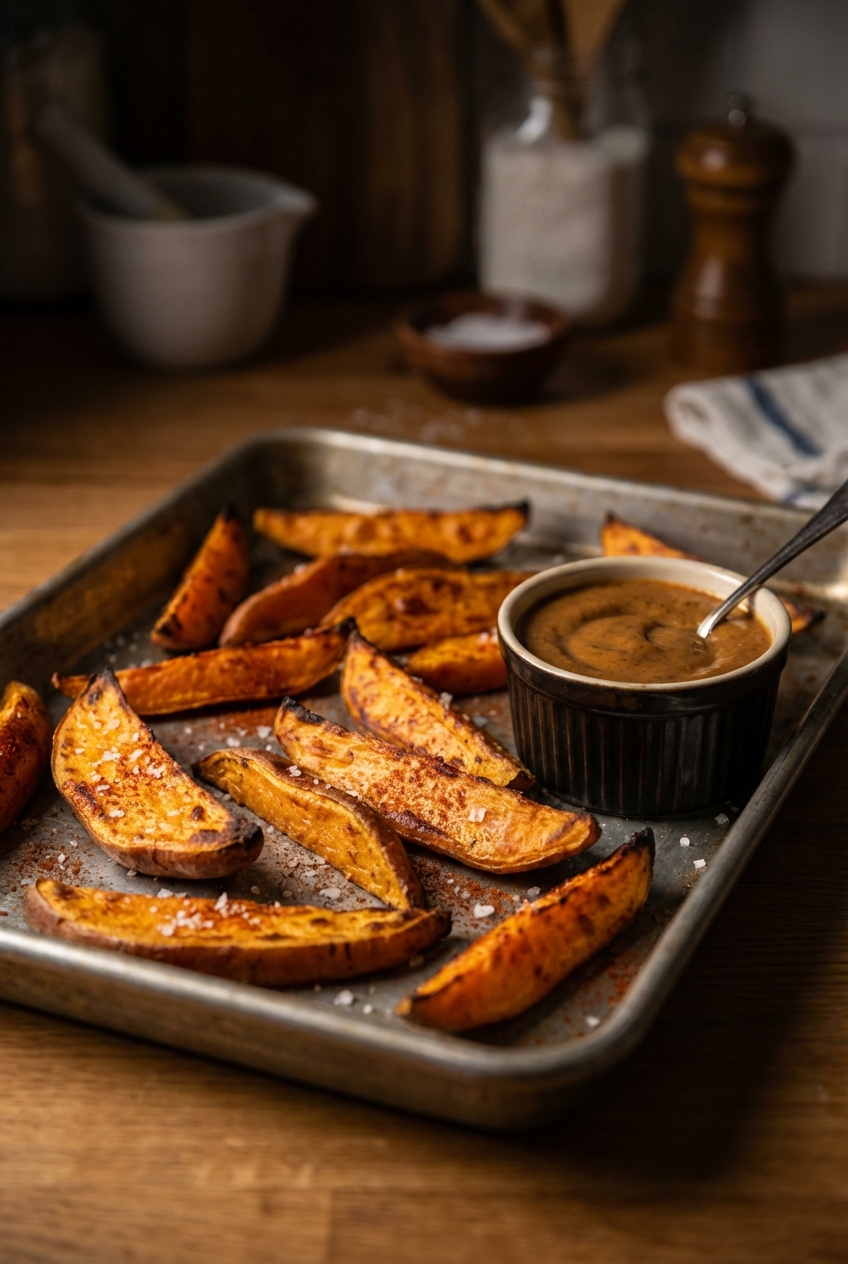 A tray of roasted sweet potato wedges with a smoky dipping sauce