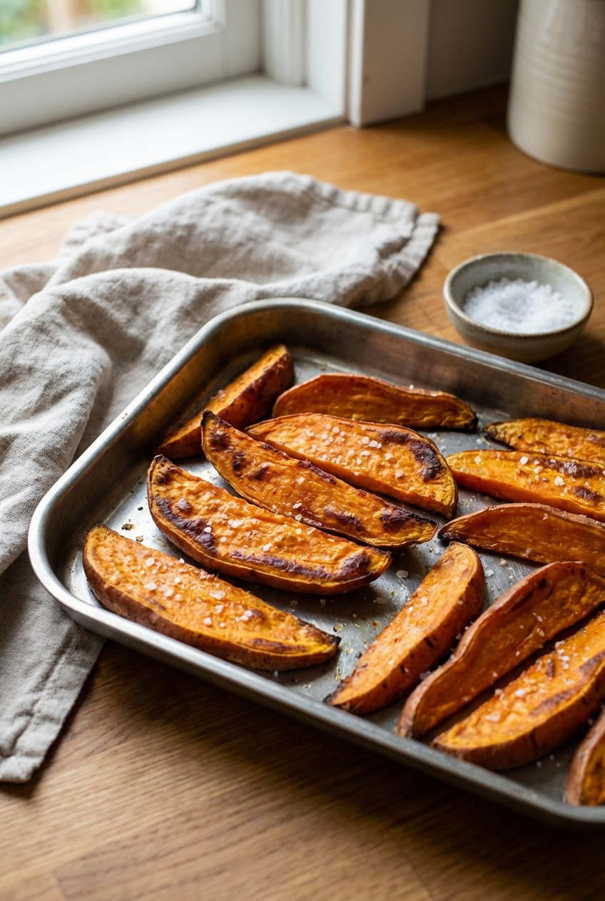 A tray of roasted sweet potato wedges with browned edges and sea salt
