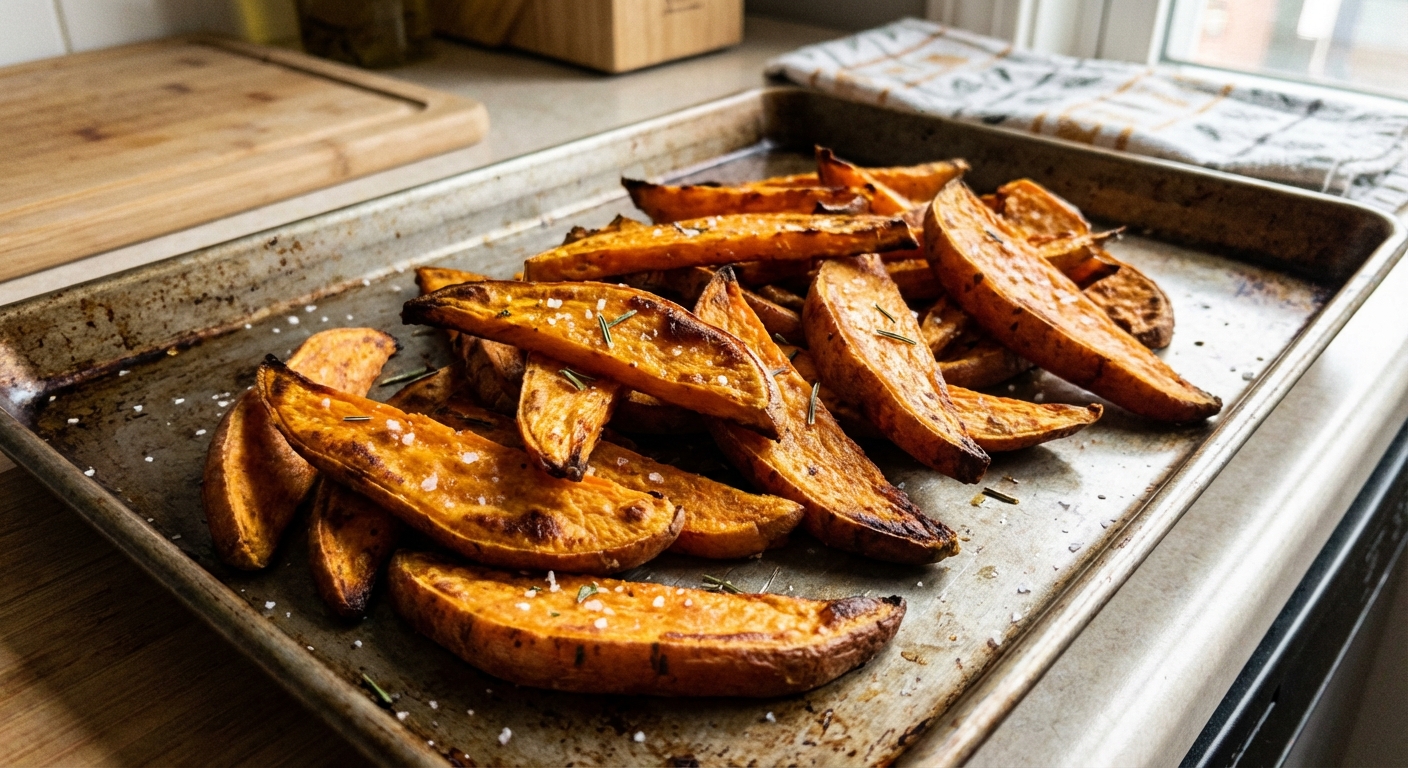 A tray of roasted sweet potato wedges with browned edges