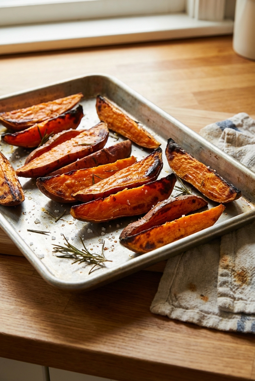 A tray of roasted sweet potato wedges with browned edges