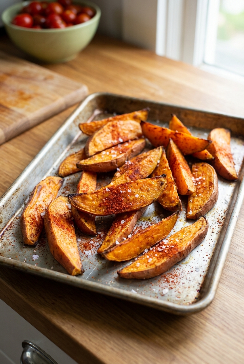 A tray of roasted sweet potato wedges with chili powder and a sprinkle of salt