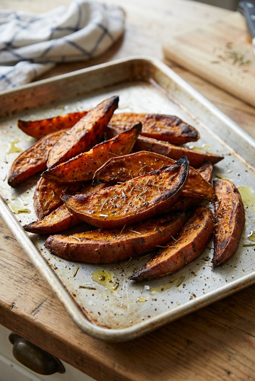 A tray of roasted sweet potato wedges with crisp edges